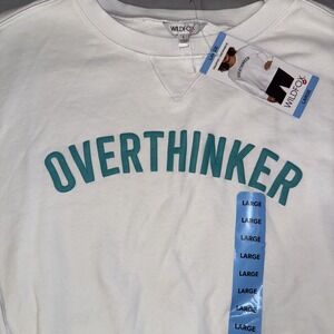 Wildfox Sweatshirt OVERTHINKER Women's Size Large White Teal Puff Print NWT $108